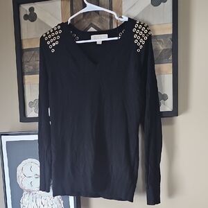 Michael Kors Black Long Sleeve Lightweight V neck Sweater with Gold Details